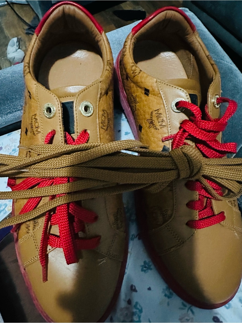 MCM Tan Leather Sneakers with Red Laces and Red Sole Trim